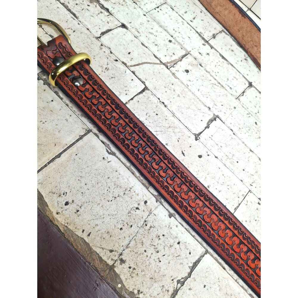 VTG HandTooled Leather Belt Removable 46.5” Geometric Wave Western Boho Size 40